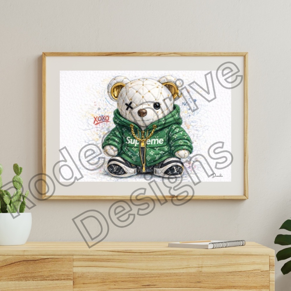 Streetwear Teddy Bear Wall Art 17x11 Monogram Style Fashion Illustration Print